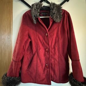 Elegant Vintage Red Teddy Jacket with Faux Fur Accents